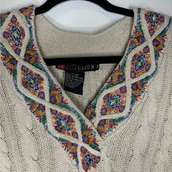 Vintage 90s Cream Multicolored Beaded Silk Knit Sweater Dress - Picture 3 of 5